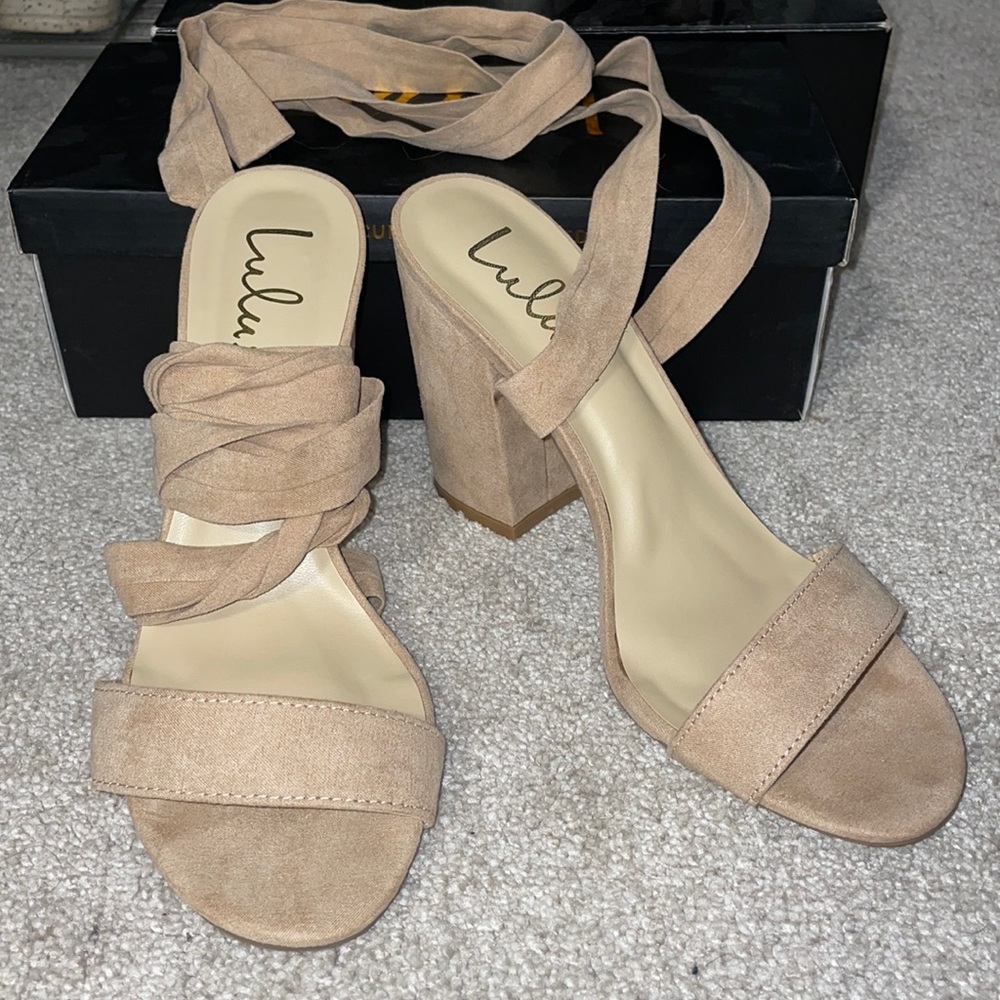 Lulus nude suede wrap block heels